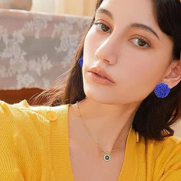 Silver Pom Pom Big Beaded Puff Post Earrings Round Bohemian New - Picture 6 of 6